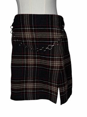Vintage 90s Black Plaid Mini Skirt Side Slit with Chain Whimsigoth Dark Academia